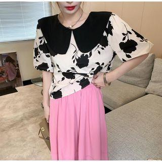 Peter Pan Collar Flower Print Top / A-line Skirt