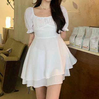 Square-neck Puff-sleeve Asymmetrical Dress