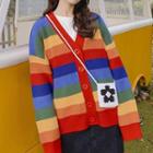 Striped Rib Knit Cardigan Rainbow - One Size