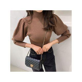 Turtleneck Mutton-sleeve Knit Top Brown - One Size