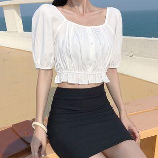 Ruched Short-sleeve Cropped Top White - One Size