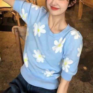 Short-sleeve Flower Print Knit Top White Daisy - Blue - One Size