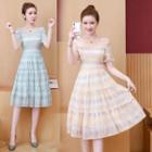 Argyle Square-neck Short-sleeve A-line Dress