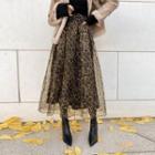 Leopard Sheer Mesh Long Skirt Brown - One Size