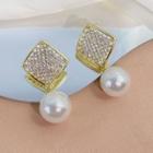 Rhinestone Faux Pearl Drop Earring 1 Pair - Fxq - Gold & White - One Size