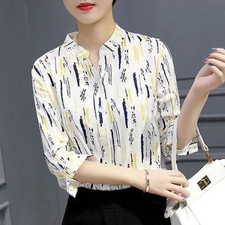 Printed Stand Collar Long-sleeve Blouse