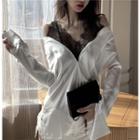 Lace-panel Mock Two-piece Long Shirt White - One Size