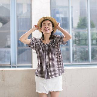 Plaid Short-sleeve Square Neck Chiffon Blouse