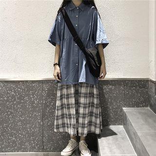 3/4-sleeve Shirt / Plaid A-line Midi Skirt