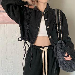 Drawstring Long-sleeve Cropped Denim Jacket