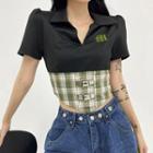 Short-sleeve Plaid Panel Crop Top