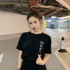 Heart Print Loose-fit Short-sleeve T-shirt Black - One Size