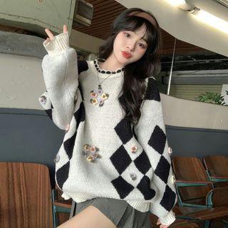 Flower Detail Argyle Sweater Gray - One Size