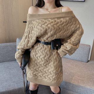 Cold-shoulder Cable Knit Sweater Dress / Waist Bag