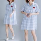 Short-sleeve Plaid Embroidered Heart Mini Dress As Shown In Figure - One Size