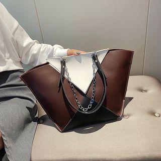 Color Panel Faux Leather Tote Bag