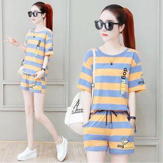 Set: Short-sleeve Lettering Striped T-shirt + Sweatshorts