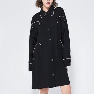 Contrast Trim Shirt Dress Black - One Size