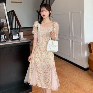 Square-neck Floral Panel Mesh Short-sleeve Dress