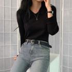 Lapel Plain Long-sleeve Knitted Top