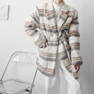 Gingham Woolen Blazer With Sash