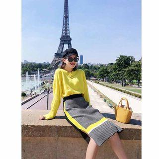 Long Sleeve Plain Knit Top Yellow - One Size