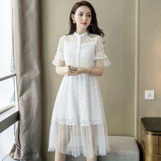 Set: Short-sleeve Midi Mesh Dress + Belt