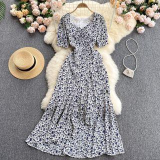 V-neck Ruffle Floral Short-sleeve Dress