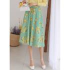 Band-waist Flared Satin Floral Skirt