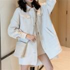Long-sleeve Woolen Houndstooth Coat Off-white - One Size