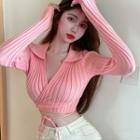 Collared Tie-strap Knit Crop Top Pink - One Size