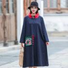 Long-sleeve Floral Embroidered A-line Lace Dress Navy Blue - One Size