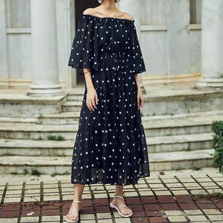 Elbow-sleeve Polka Dot Chiffon A-line Midi Dress