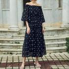 Elbow-sleeve Polka Dot Chiffon A-line Midi Dress