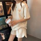 Set Of 2: Short-sleeve Print Loose Fit T-shirt / Elastic Plain Round Hem Sweatshorts