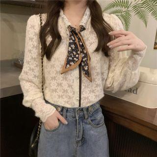 Long-sleeve Lace Shirt With Neckerchief Almond - One Size