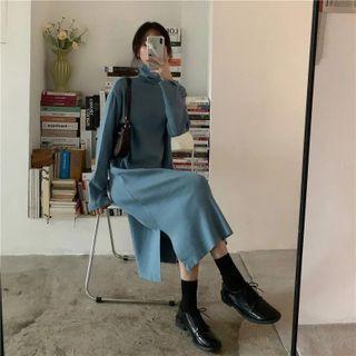 Long-sleeve Turtleneck Slit Midi Dress