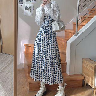 Long-sleeve Lace Top / Dotted Midi Overall Dress