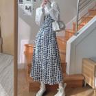 Long-sleeve Lace Top / Dotted Midi Overall Dress