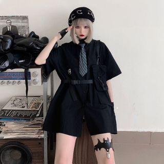 Short-sleeve Button-down Shirt With Tie