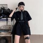 Short-sleeve Button-down Shirt With Tie