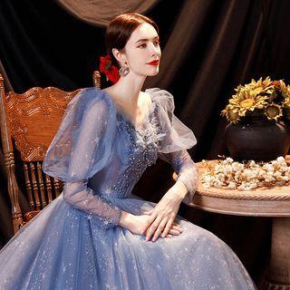 Puff-sleeve Rhinestone Star Print A-line Evening Gown