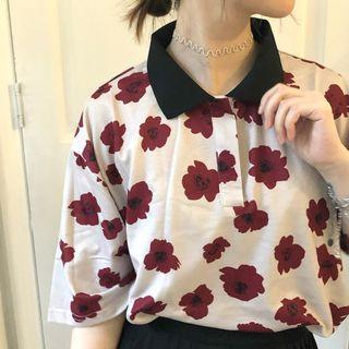 Floral Short-sleeve Polo-shirt / Plain A-line Skirt