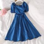 Plain Short-sleeve Dress Blue - One Size