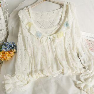 Set: Butterfly-accent Knit Camisole Top + Ruffled Light Knit Top White - One Size