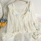 Set: Butterfly-accent Knit Camisole Top + Ruffled Light Knit Top White - One Size