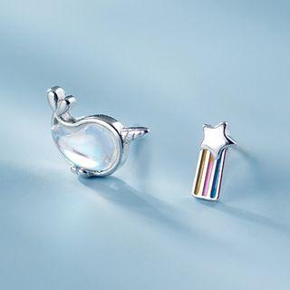 925 Sterling Silver Asymmetric Whale Stud Earring 1 Pair - S925 Silver - One Size