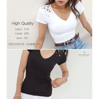 V-neck Embellished-detail Slim T-shirt