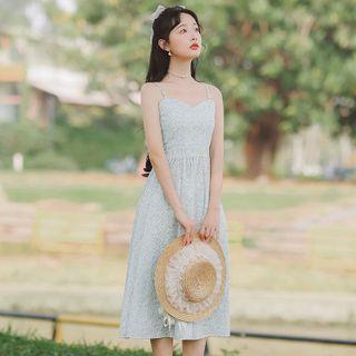 Spaghetti Strap Flower Print Midi A-line Dress / Cropped Blouse