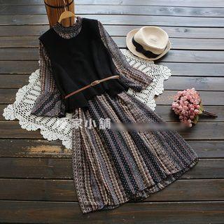 Set: Sleeveless Knit Top + Ruffle Patterned Dress